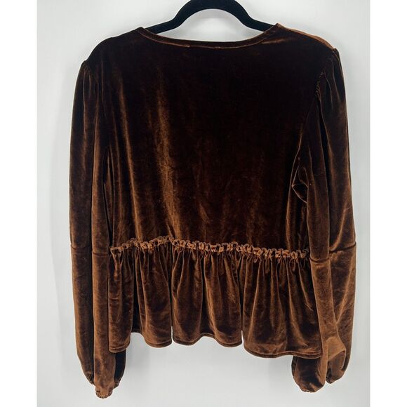 Sweet Generis Tie Velvet Brown Boho Shirt Babydoll Open Front Top Size M - Picture 2 of 6